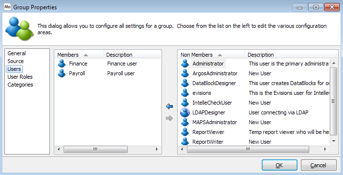 This image shows the Group Properties dialog with the Users option selected.